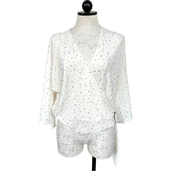 Express Studded Metallic Dots Wrap Style Crip Blouse Cream & Silver Size Medium - Picture 10 of 10